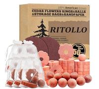 RITOLLO 50pcs Cedarwood Moth Repellent Set - 30 Cedar Wood Flower Garlands Rings + 20 Balls + 2 Sandpapers | Natural for Wardrobes, Drawers & Clothes Storage, Wardrobe Freshener
