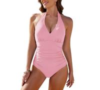 RITOSTA Swimming Costume Women One Piece Swimsuits Tummy Control Swimwear Halter V Neck Bathing Suits Ruched Sexy Ladies Swim Suits Padded Beachwear(Pink,XXL)
