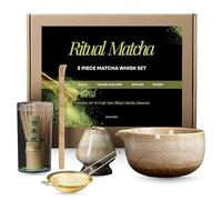 Ritual Matcha 5-Piece Matcha Whisk Set - Authentic Japanese Tea Ceremony Kit with 500ml Kiln Fired Ceramic Matcha Bowl, 100 Prong Bamboo Whisk, Exclusive Gold Sieve, Whisk Holder & Spoon, Gift