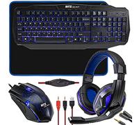 Ritz Gear Gaming Accessories Kit (Blue) | 4-in-1 LED Backlight Bundle PC Combo with Multimedia Keyboard, Optical Mouse, Mouse Pad & Headset with Adapter | for Windows 7+ Desktop, Laptop, Xbox & PS4