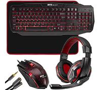 Ritz Gear Gaming Accessories Kit (Red) | 4-in-1 LED Backlight Bundle PC Combo with Multimedia Keyboard, Optical Mouse, Mouse Pad & Headset with Adapter | for Windows 7+ Desktop, Laptop, Xbox & PS4