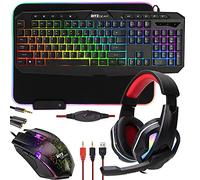 Ritz Gear RGB Gaming Accessories Kit | 4-in-1 Rainbow LED Backlight Bundle PC Combo with Multimedia Keyboard, Optical Mouse, Mouse Pad & Headset w/Adapter | for Windows 7+ Desktop, Laptop, Xbox & PS4