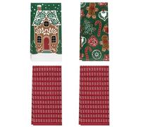 Ritz Holiday Kitchen Towels 4 Pack - Cookie House Dish Towels Set, 100% Cotton, Festive Red Green Holiday Tea Towels, Absorbent & Machine Washable