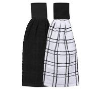 Ritz Premium 100% Cotton Solid and Multi Check Kitchen Tie Towel, Absorbent, Super Soft, and Fast Drying Hang Towel, Set of Two, Black