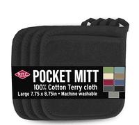 RITZ Terry Pocket Mitt & Hot Pad: Heat Resistant, Durable 100% Cotton - Ergonomically Designed for Optimal Grip, Easy-Care Machine Washable, Perfect for Your Kitchen - Black, 4-Pack