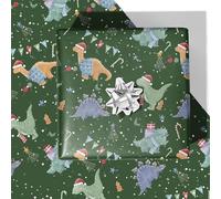 RiukRaiu Christmas Dinosaur Wrapping Paper for Boys Girls Kids - T-Rex Xmas Tree, Gifts, Candy Canes, Colorful Flags, Stars, Snowflakes Green Gift Wrap- 4 Jumbo Sheets, 40 x 28 Inches Each