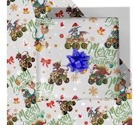 RiukRaiu Dinosaur Monster Truck Christmas Wrapping Paper - Funny Silver T-Rex Xmas Gift Wrap Snowflakes Red Bows Gold Bells Green Merry Christmas Design for Party Holiday - 4 Jumbo Sheets, 40 x 28