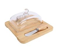 Riuulity Butter Dish Butter Tray, Butter Container with Clear Glass Lid & Stainless Steel Cutting Tool for Cheese Cake Dessert Easy to Wash Flat Bottom Design (Wood Color)