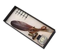 Riuulity Feather Pen Set Classic Calligraphy Writing Kit with 1-5mm Flat Nib for Gothic Italian Practice Desk Decor Table Ornament Home Office Accessory (Brown)