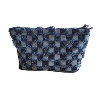 Riuulity Makeup Bag, Large Capacity Checkered Travel Toiletry Pouch with Premium Fabric, Easy Cosmetics Organizer, Lightweight Zipper Closure, Stylish Men Women Accessory (Dark Blue)
