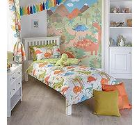 Riva Home Paoletti Kids Dinosaur Double Duvet Set - 2 x Pillowcases Included - White and Green - Reversible Design - Machine Washable - 200 x 200cm (79" x 79" inches) - Designed in the UK
