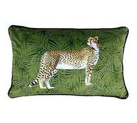 Riva Paoletti Cheetah Forest Feather Filled Cushion Palm Leaf Design-Velvet Feel Fabric-Piped Edges-Machine Washable-100 Case (12" x 20" inches), Polyester, Green, 30 x 50cm