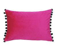 Riva Paoletti Fiesta Rectangular Cushion Cover - Magenta Pink - Grey Pompom Edges - Faux Velvet - Reversible - Zip Closure - 100% Polyester - 35 x 50cm ( 14" x 20" inches)