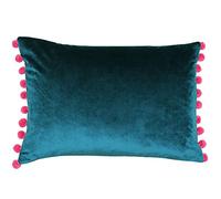 Riva Paoletti Fiesta Rectangular Cushion Cover - Teal Blue - Berry Pink Pompom Edges - Faux Velvet - Reversible - Zip Closure - 100% Polyester - 35 x 50cm ( 14" x 20" inches)