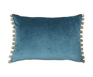 Riva Paoletti Fiesta Rectangular Feather Filled Cushion Blue Beige Pompom Edges-Faux Velvet Fabric-Discreet Zip Closure-100 Case (14" x 20" inches), Polyester, Duck Egg/Natural, 35 x 50cm