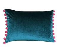 Riva Paoletti Fiesta Rectangular Feather Filled Cushion Blue Pink Pompom Edges-Faux Velvet Fabric-Discreet Zip Closure-100 Case (14" x 20" inches), Polyester, Teal/Berry, 35 x 50cm