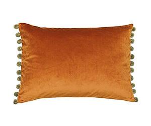 Riva Paoletti Fiesta Rectangular Feather Filled Cushion Orange Green Pompom Edges-faux Velvet Fabric-discreet Zip Closure-100 Case (14" X 20" Inches), Polyester, Rust/khaki, 35 X 50cm