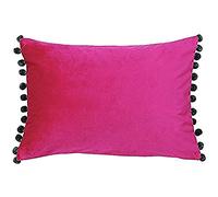 Riva Paoletti Fiesta Rectangular Feather Filled Cushion Pink Pompom Edges-Faux Velvet Fabric-Discreet Zip Closure-100 Case (14" x 20" inches), Polyester, Magenta/Grey, 35 x 50cm