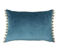 Riva Paoletti Fiesta Rectangular Filled Cushion Blue Beige Pompom Edges-Faux Velvet Fabric-Discreet Zip Closure-100 Case (14" x 20" inches), Polyester, Duck Egg/Natural, 35 x 50cm
