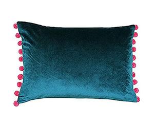 Riva Paoletti Fiesta Rectangular Filled Cushion Blue Pink Pompom Edges-Faux Velvet Fabric-Discreet Zip Closure-100 Case (14" x 20" inches), Polyester, Teal/Berry, 35 x 50cm