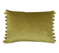 Riva Paoletti Fiesta Rectangular Filled Cushion Green Pompom Edges-Faux Velvet Fabric-Discreet Zip Closure-100 Case (14" x 20" inches), Polyester, Bamboo/Gold, 35 x 50cm