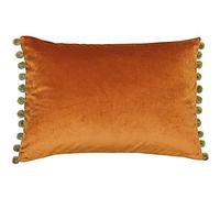 Paoletti Fiesta Rust Khaki Pom Pom Velvet Cushion - Size: 50 x 35 cm - Multi - Wilko