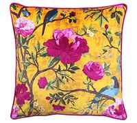 Riva Paoletti Filled Cushion Yellow-Chinoiserie Flower Bird Print-Piped Edges-Machine Washable-100 Case (20" x 20" inches), Polyester, Gold, 50 x 50cm