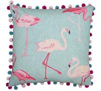 Riva Paoletti Flamingo Square Cushion Cover - Flamingo Print on Linen Fabric - Pompom Edges - Hidden Zip Closure - Duck Egg Blue and Pastel Pink - 100% Polyester - 50 x 50cm (20" x 20" inches)