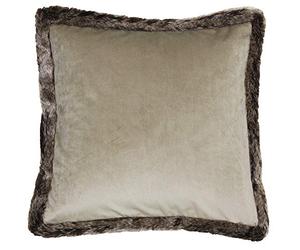Riva Paoletti Kiruna Square Feather Filled Cushion - Taupe Beige Velvet Look and Feel - Faux Fur Edging - Reversible - Hidden Zip Closure - 100% Polyester Case - 45 x 45cm (18" x 18" inches)