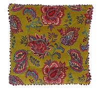 Riva Paoletti Malisa Square Cushion Cover - Lemon Curry Yellow - Paisley Indian Print - Faux Velvet Fabric - Pink Pompom Edges - Machine Washable - 100% Cotton - 50 x 50cm (20" x 20" inches)