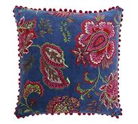 Riva Paoletti Malisa Square Cushion Cover - Smoke Blue - Paisley Indian Print - Faux Velvet Fabric - Pink Pompom Edges - Machine Washable - 100% Cotton - 50 x 50cm (20" x 20" inches)