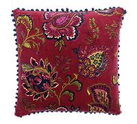 Riva Paoletti Malisa Square Polyester Filled Cushion Red-Paisley Indian Print-Faux Velvet Fabric-Blue Pompom Edges-Machine Washable-100 (20" x 20" inches), Cotton, Pomegranate, 50 x 50cm