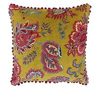 Riva Paoletti Malisa Square Polyester Filled Cushion Yellow-Paisley Indian Print-Faux Velvet Fabric-Pink Pompom Edges-Machine Washable-100 (20" x 20" inches), Cotton, Lemon Curry, 50 x 50cm