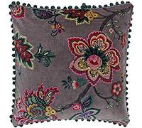 Riva Paoletti Palampur Feather Filled Cushion Purple-Indian Floral Print-Faux Velvet Fabric-Pink Pompom Edges-Machine Washable-100 (20" x 20" inches), Cotton, Mink, 50 x 50cm