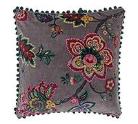 Riva Paoletti Palampur Polyester Filled Cushion Purple-Indian Floral Print-Faux Velvet Fabric-Pink Pompom Edges-Machine Washable-100 (20" x 20" inches), Cotton, Mink, 50 x 50cm