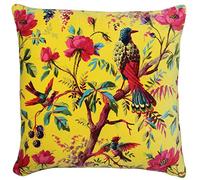 Riva Paoletti Paradise Square Cushion Cover - Yellow - Colourful Bird Print - Faux Velvet Fabric - Machine Washable - 100% Cotton - 50 x 50cm (20" x 20" inches) - Designed in the UK