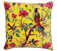 Riva Paoletti Paradise Square Feather Filled Cushion Colourful Bird Print-Faux Velvet Fabric-Machine Washable-100 Case (20" X 20" Inches) , Cotton, Yellow, 50 X 50cm
