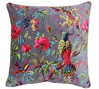 Riva Paoletti Paradise Square Feather Filled Cushion Purple-Colourful Bird Print-Faux Velvet Fabric-Machine Washable-100 Case (20" x 20" inches) -Designed in The UK, Cotton, Mink, 50 x 50cm