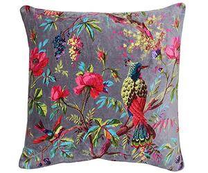Riva Paoletti Paradise Square Feather Filled Cushion Purple-Colourful Bird Print-Faux Velvet Fabric-Machine Washable-100 Case (20" x 20" inches) -Designed in The UK, Cotton, Mink, 50 x 50cm