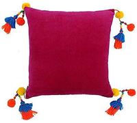 Riva Paoletti Poco Cushion Cover - Fuchsia Pink - Faux Velvet Fabric - Tassel Pompom Corners - Hidden Zip Closure - Machine Washable - 100% Cotton - 55 x 55cm (22" x 22" inches)