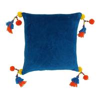 Riva Paoletti Poco Feather Filled Cushion Blue-Faux Velvet Fabric-Tassel Pompom Corners-Hidden Zip Closure-Machine Washable-100 (22" x 22" inches), Cotton, Teal, 55 x 55cm