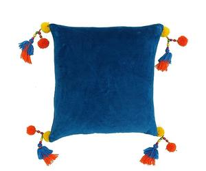 Riva Paoletti Poco Feather Filled Cushion Blue-Faux Velvet Fabric-Tassel Pompom Corners-Hidden Zip Closure-Machine Washable-100 (22" x 22" inches), Cotton, Teal, 55 x 55cm