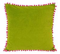 Riva Paoletti Polyester Filled Cushion Faux Velvet Fabric-Contrasting Fuchsia Pink Pompom Edges-Hidden Zip Closure-100% Soft (18" X 18" Inches), Cotton, Green, 45 X 45cm