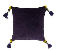 Riva Paoletti Poonam Cushion Cover - Damson Purple and Lemon Curry Yellow - Faux Velvet Fabric - Pompom Tassel Corners - Reversible - Machine Washable - 100% Cotton - 45 x 45cm (18" x 18" inches)