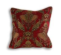 Riva Paoletti Shiraz Square Feather Filled Cushion Red-Embroidered Damask Jacquard-Gold Piped Edges-Reversible-Zip Closure-100 Case (18" x 18" inches), Polyester, Burgundy, 45 x 45cm