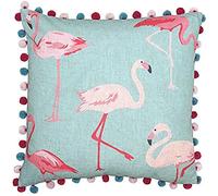Riva Paoletti Square Feather Filled Cushion Blue and Pastel Pink-Flamingo Print on Linen Fabric-Pompom Edges-100% Polyester Case (20" x 20" inches), Synthetic, Duck Egg, 50 x 50cm