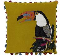 Riva Paoletti Toucan Cushion Cover Ochre Yellow Embroidered Design Multicoloured Tassel Edges 100% Cotton 50 x 50cm (20" x 20" inches)