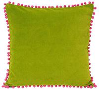 Riva Paoletti Velvet Pompom Cushion Cover - Green - Faux Velvet Fabric - Contrasting Fuchsia Pink Pompom Edges - Hidden Zip Closure - 100% Soft Cotton - 45 x 45cm (18" x 18" inches)