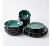 Rivah Green Reactive Glaze Stoneware Tableware Set 16 Piece | Service for 4 | Dishwasher Safe | Nordic Artisan Dinnerware | Scandi Home
