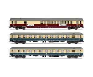 Rivarossi HR4349 DB, 3-unit pack night train "Luna", bar coach WGmh 854 in red-beige livery + 2 x Bcm 246 in ocean-blue livery, ep. IV Passenger Coaches